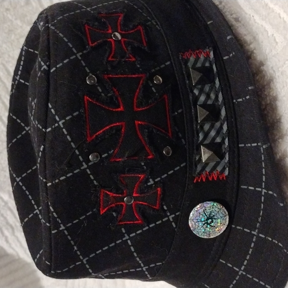 Granule Concept One Fedora Trilby Hat Black Check Crusader Cross Studded Grunge - Picture 3 of 13